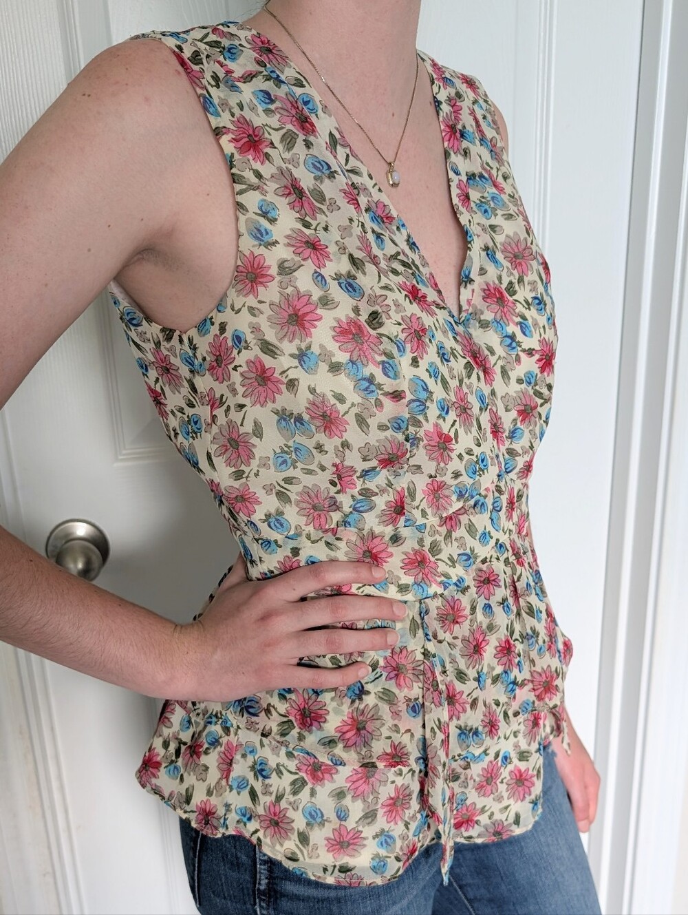 Vintage Style Floral Chiffon Sleeveless Peplum Top - Size Small